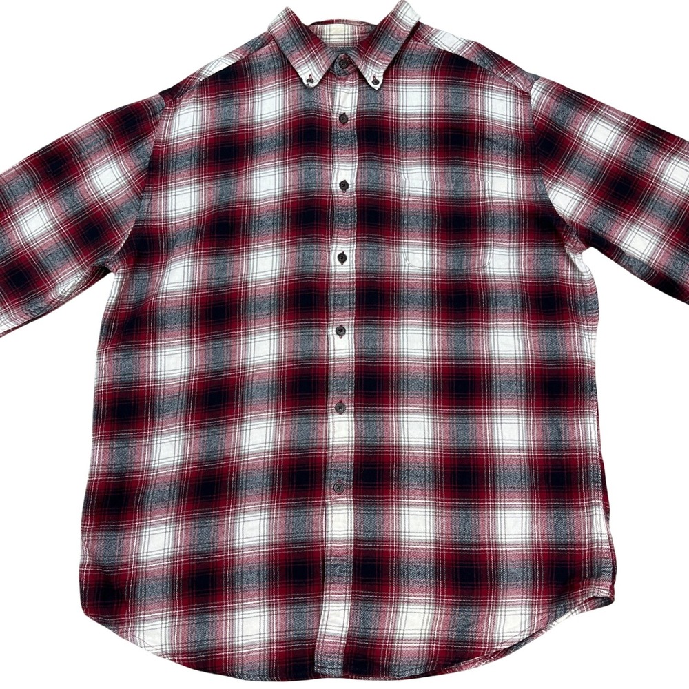 Croft Barrow Button Down Shirt Men Large Red Black White Check Flannel Twill EUC